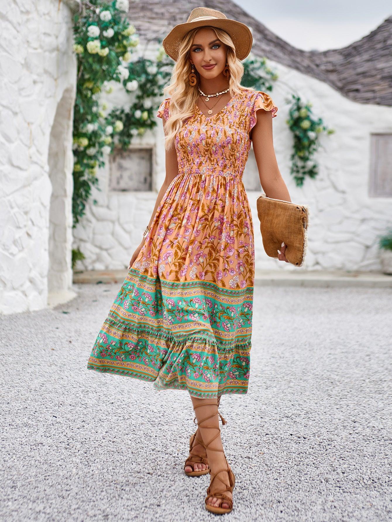 Flowers Print V-neck Dress - MAXIME