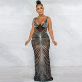 Mesh Evening Maxi Dress Spaghetti Straps Crystal Glam - MAXIME