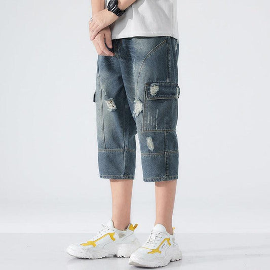 Men's Loose Elastic Waist Printed Cropped Jeans - MAXIME