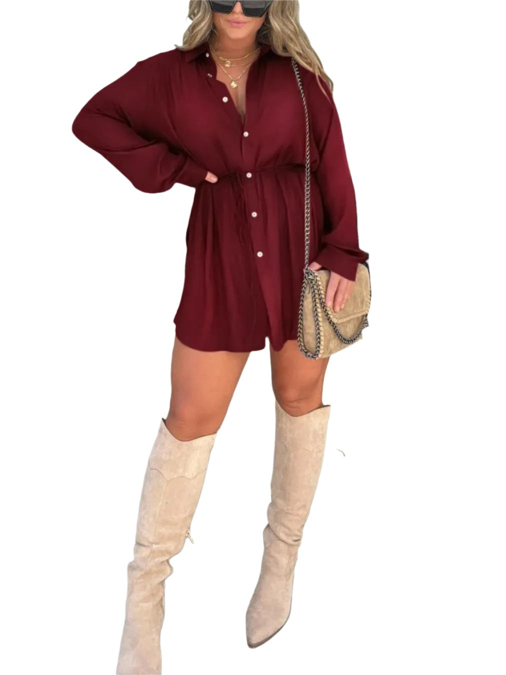 Women's Long Sleeve Jumpsuit Shirt Dress - MAXIME