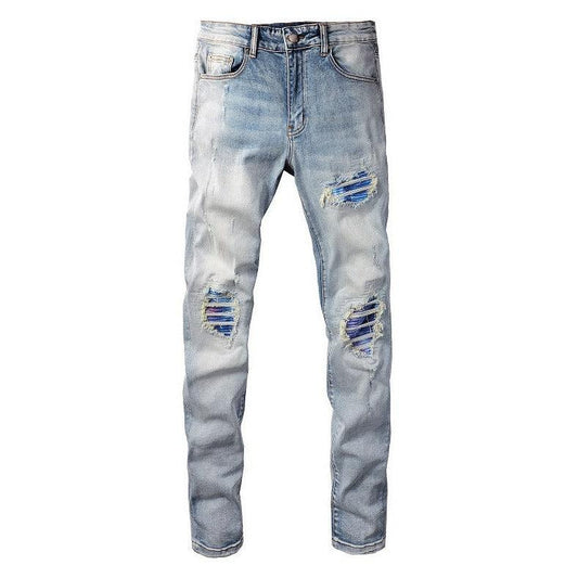 Washed Bright White Distressed Cat Beard Patch Ripped Stretch Slim Jeans - MAXIME