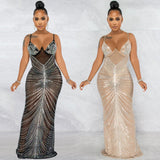 Mesh Evening Maxi Dress Spaghetti Straps Crystal Glam - MAXIME