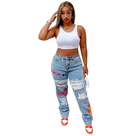 Digital Print Ripped Fashion Jeans - MAXIME