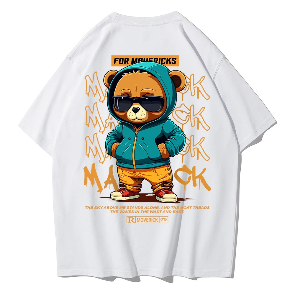 Men's Cotton Bear Pattern Printed T-Shirt with Round Neck - MAXIME