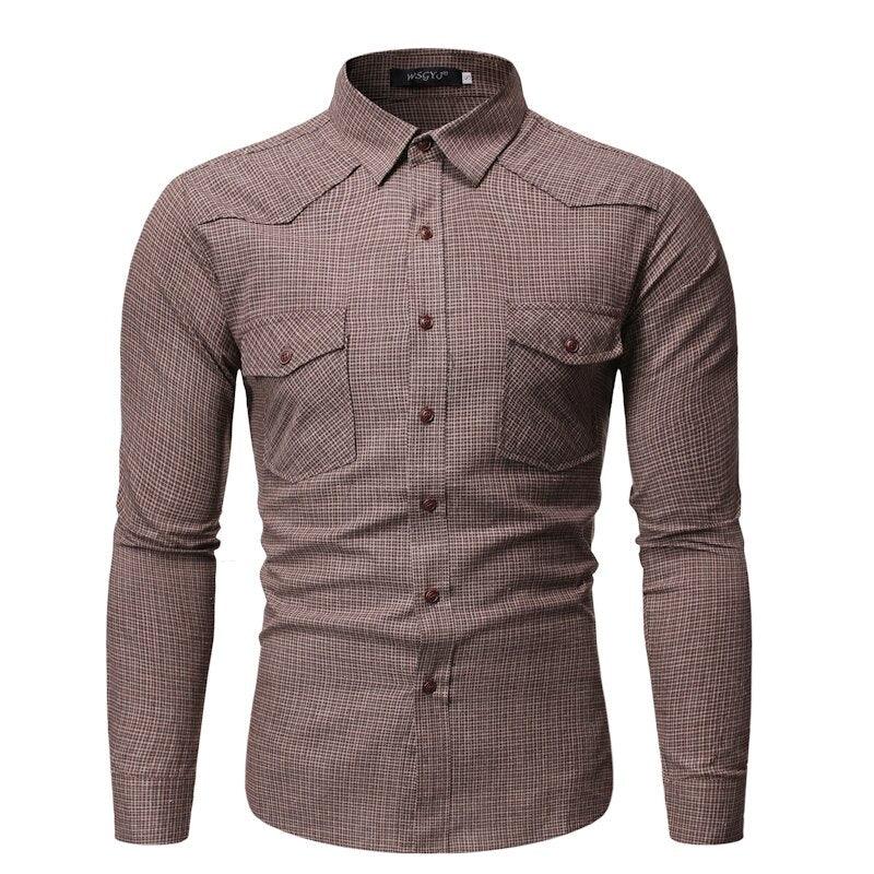 Casual Check Lapel Men's Double Pocket Slim Large Size Long Sleeve Shirt - MAXIME