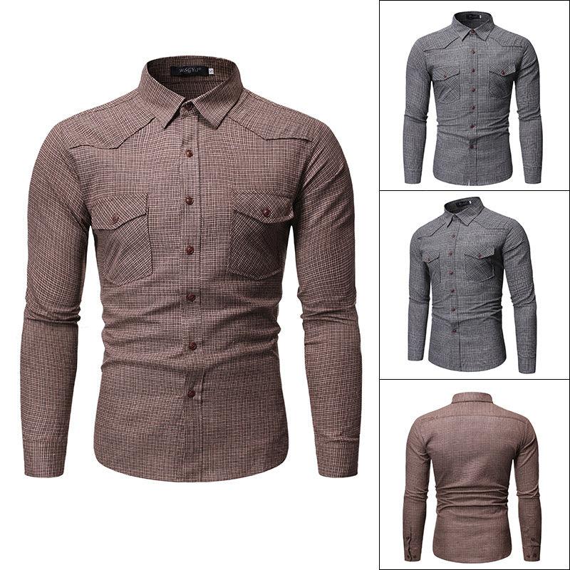 Casual Check Lapel Men's Double Pocket Slim Large Size Long Sleeve Shirt - MAXIME