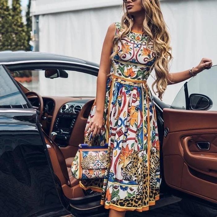 Sleeveless midi retro print dress - MAXIME