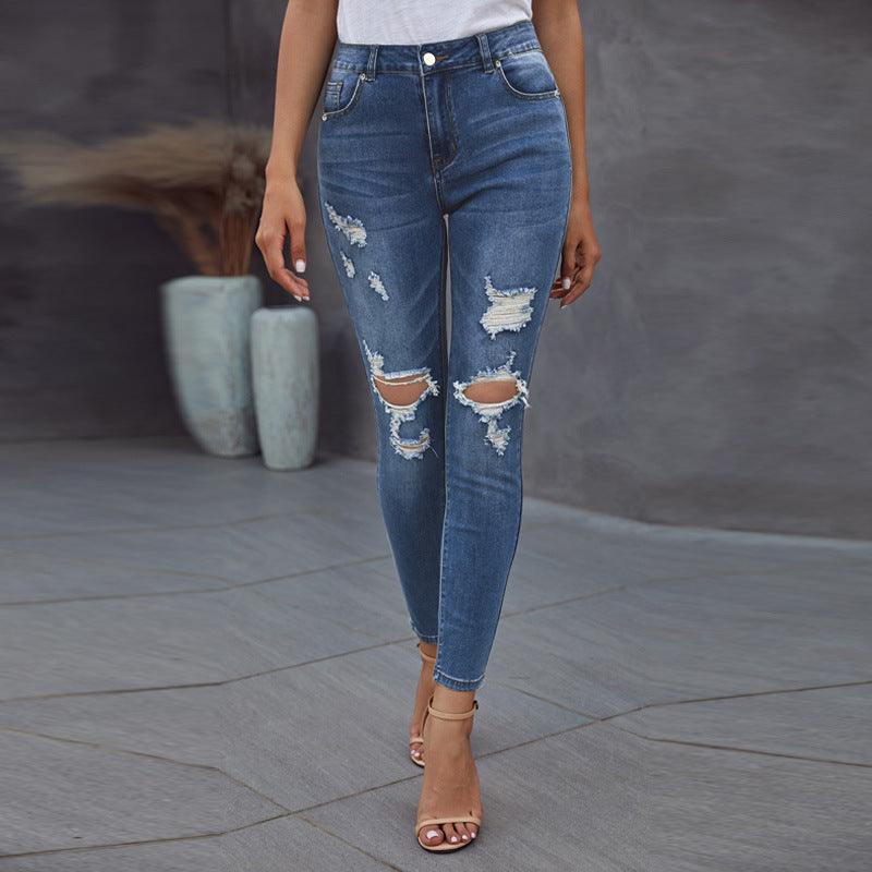 New Casual Worn High Waist Cropped Pants Ripped Jeans - MAXIME