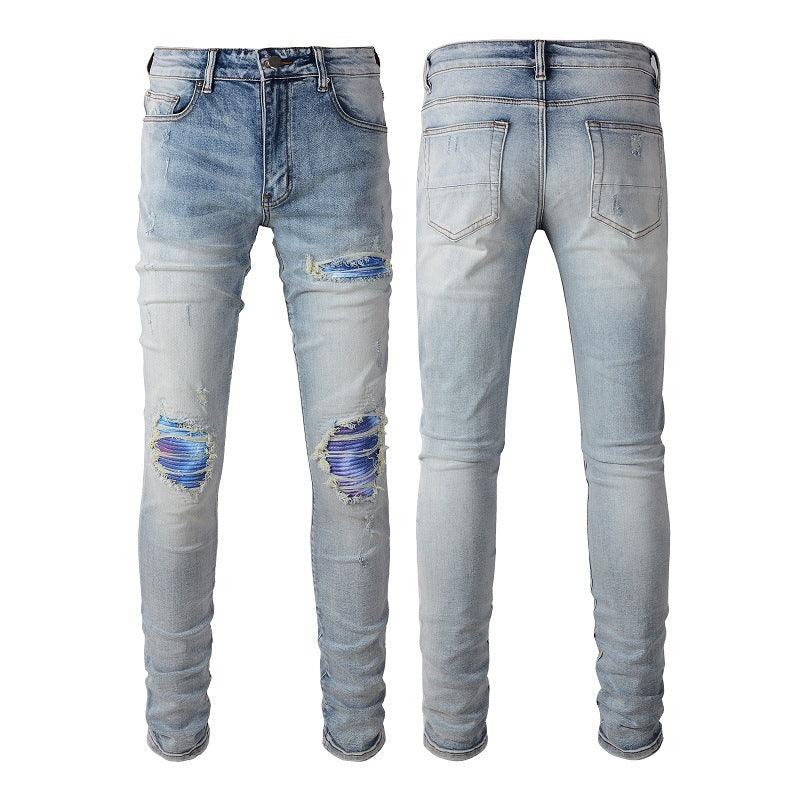 Washed Bright White Distressed Cat Beard Patch Ripped Stretch Slim Jeans - MAXIME