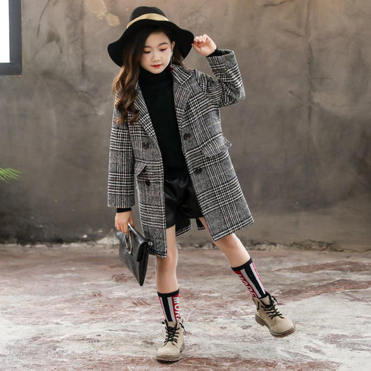 Gray plaid houndstooth coat for girls - MAXIME