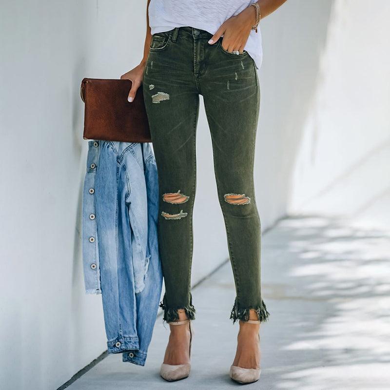 New Dark Green Raw Design Ripped Jeans - MAXIME