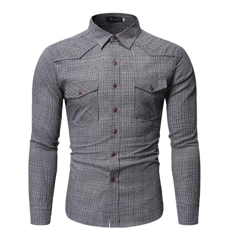 Casual Check Lapel Men's Double Pocket Slim Large Size Long Sleeve Shirt - MAXIME