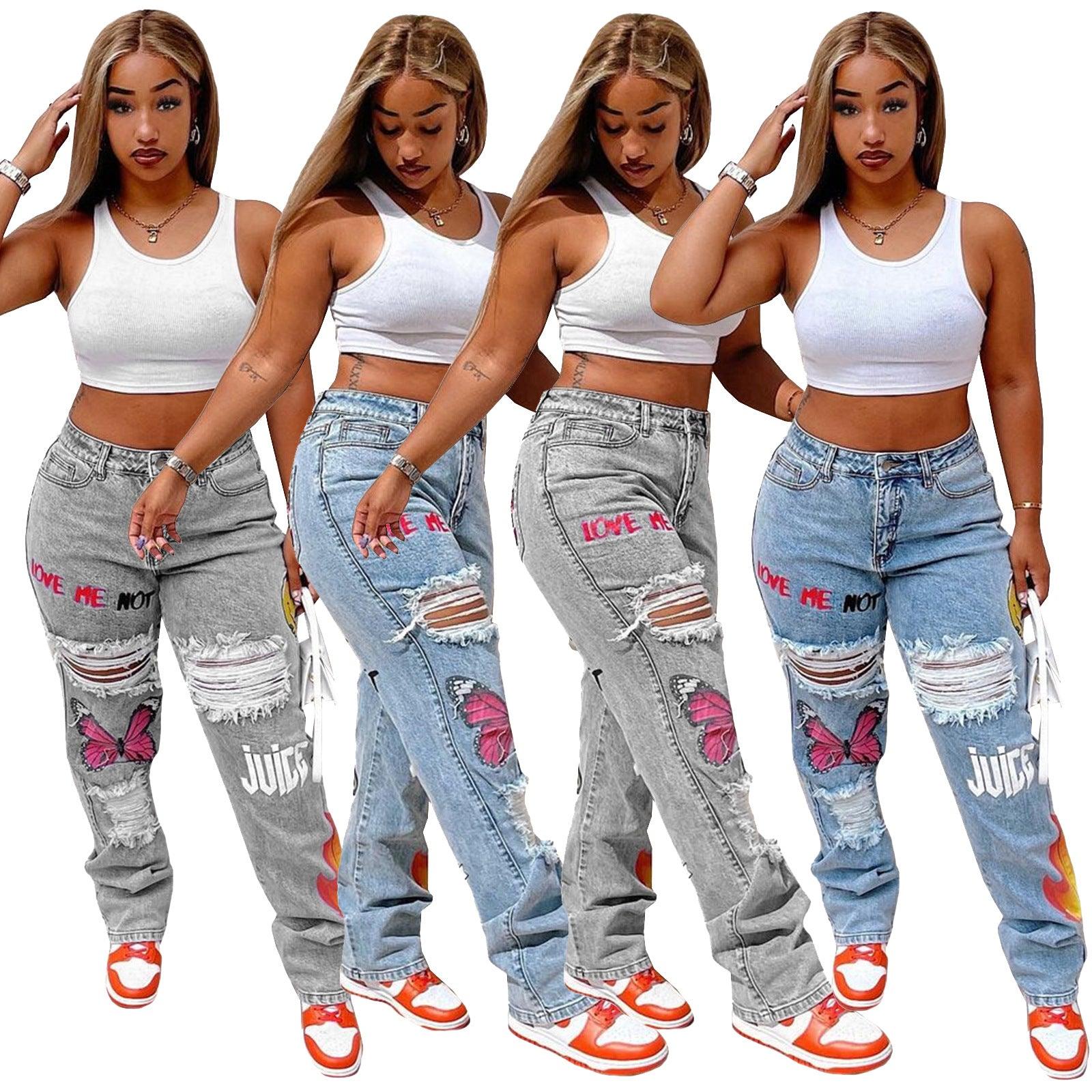 Digital Print Ripped Fashion Jeans - MAXIME