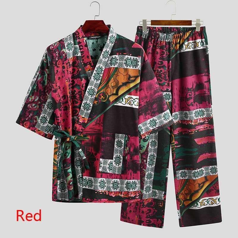 Men Pajamas Sets Men Half Sleeve V Neck Printed Lace Up - MAXIME