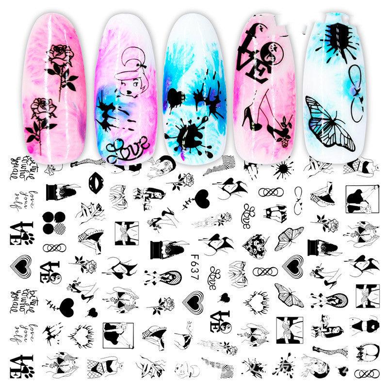 3D Hot Stamping Full Stickers Black And White Rose Heart-Shaped Ink Nail Decals - MAXIME