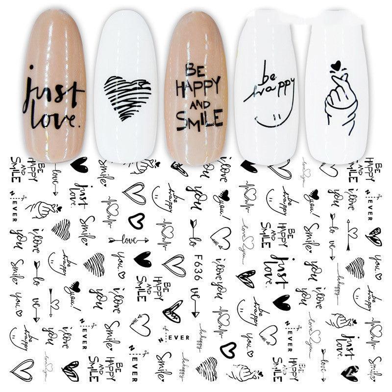 3D Hot Stamping Full Stickers Black And White Rose Heart-Shaped Ink Nail Decals - MAXIME