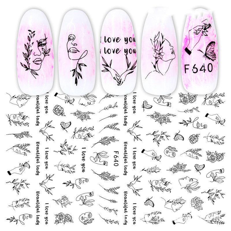 3D Hot Stamping Full Stickers Black And White Rose Heart-Shaped Ink Nail Decals - MAXIME