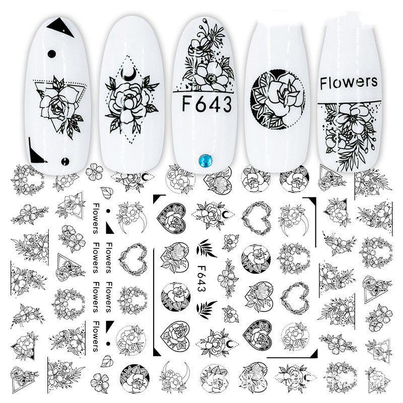 3D Hot Stamping Full Stickers Black And White Rose Heart-Shaped Ink Nail Decals - MAXIME