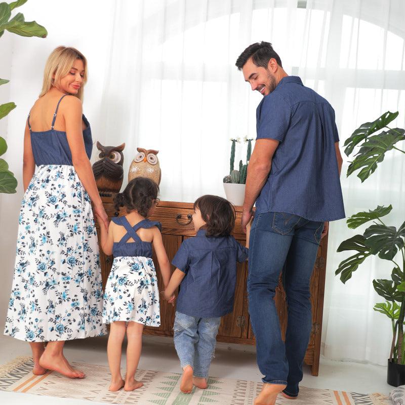 Family Matching Denim Sling Skirt Baby Girl Mom Dad Boy Shirt Parent-Child - MAXIME