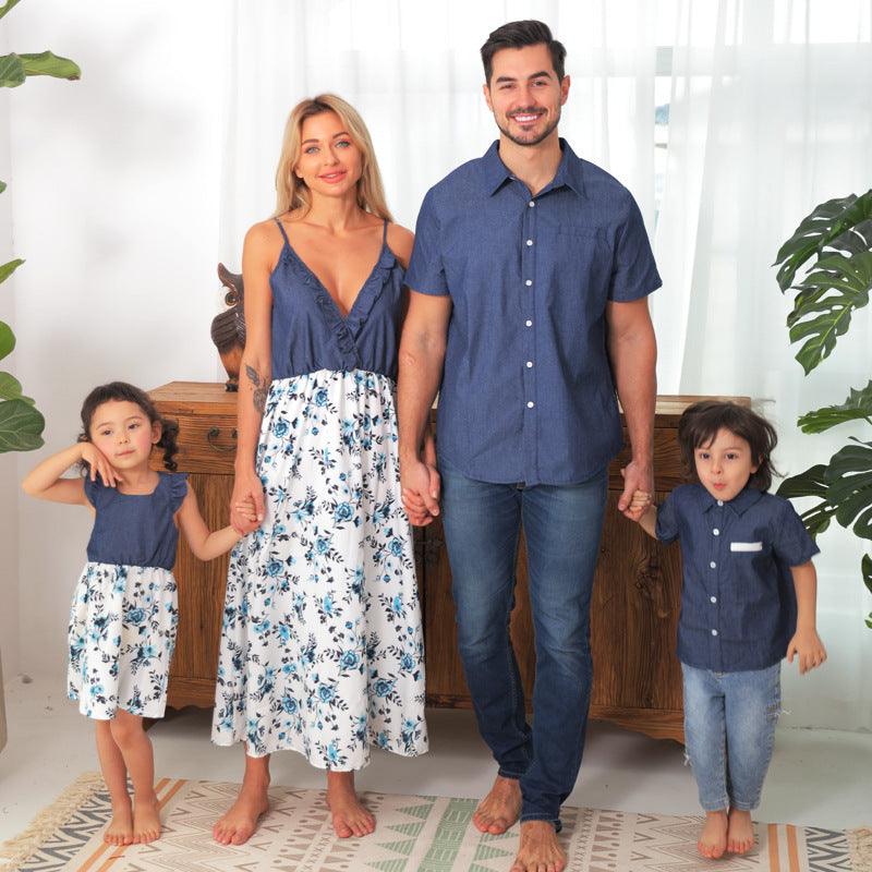 Family Matching Denim Sling Skirt Baby Girl Mom Dad Boy Shirt Parent-Child - MAXIME