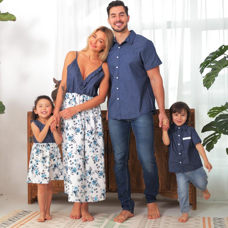 Family Matching Denim Sling Skirt Baby Girl Mom Dad Boy Shirt Parent-Child - MAXIME