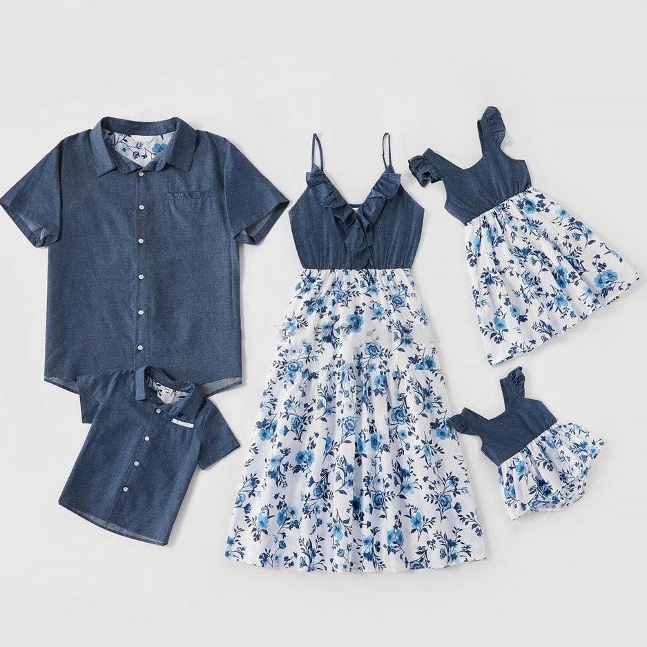 Family Matching Denim Sling Skirt Baby Girl Mom Dad Boy Shirt Parent-Child - MAXIME