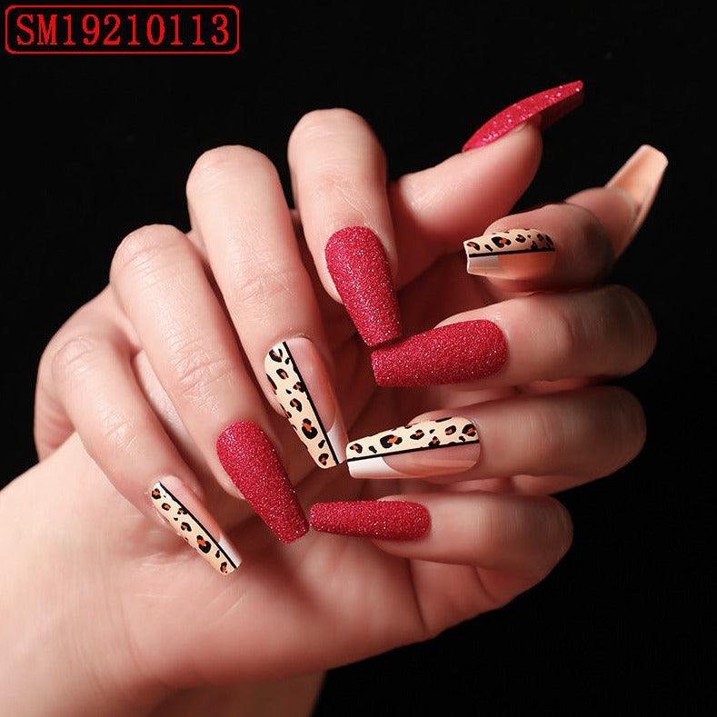 Red Jump Color Leopard Print Ballet False Nails - MAXIME