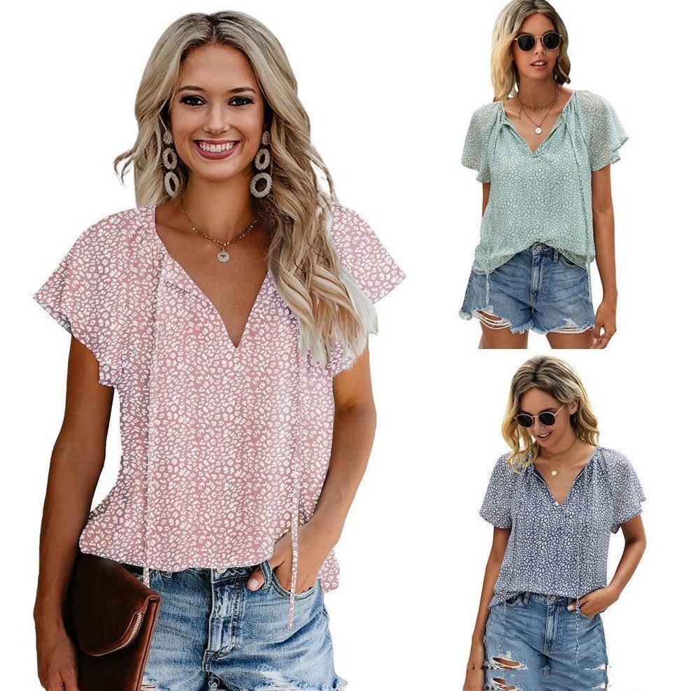 Maxime V Neck Floral Blouse With Short Sleeves - MAXIME