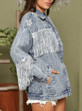 Multicolor Denim Coat Star Sequins Tassel Jacket - MAXIME