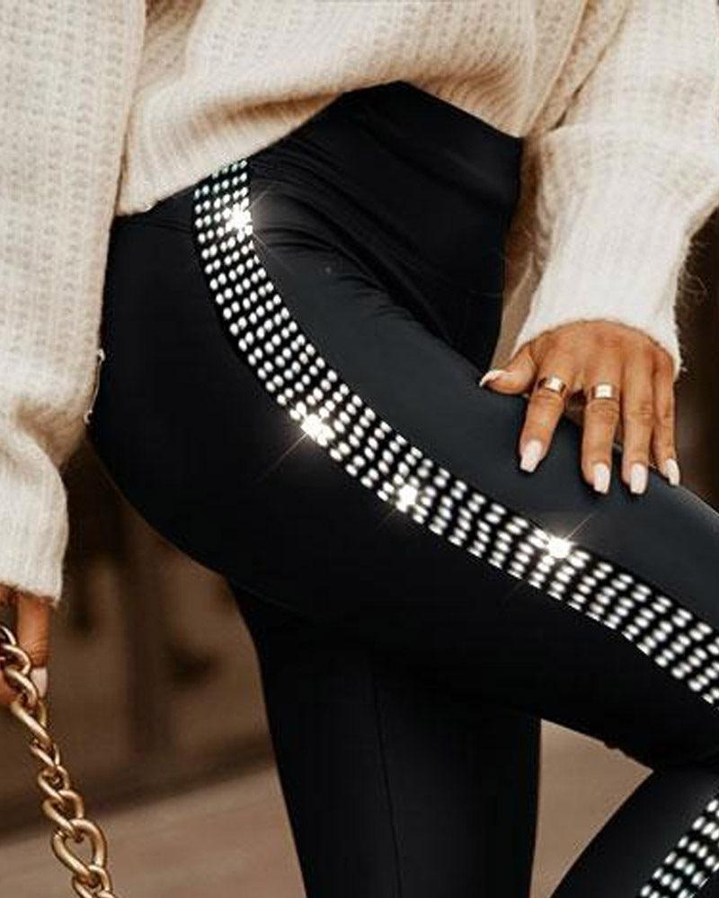 Rhinestone Small Slit Tight Trousers - MAXIME