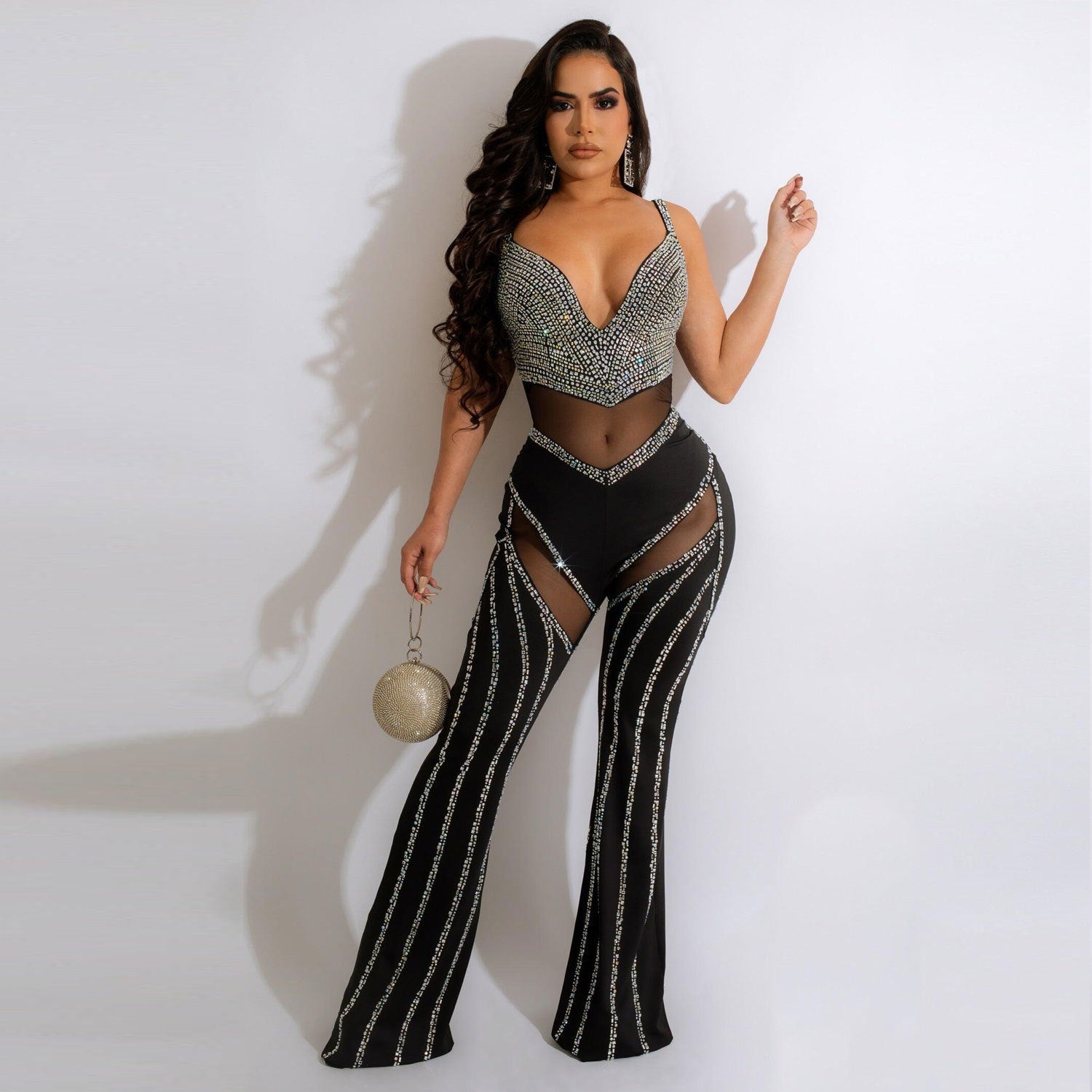 Maxime Deep V Rhinestone Jumpsuit - MAXIME