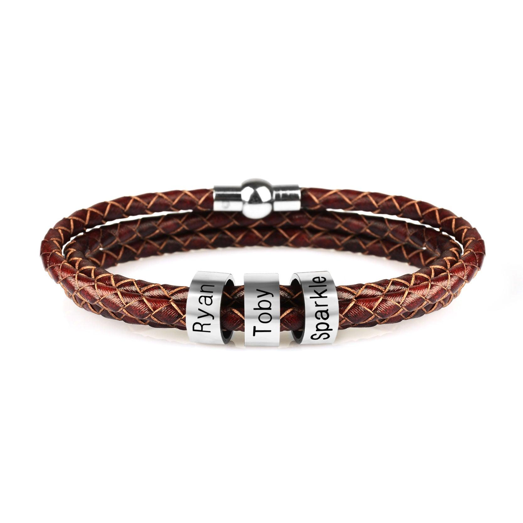 Personalized Mens Braided Genuine Leather Bracelet Stainless - MAXIME