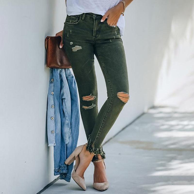 New Dark Green Raw Design Ripped Jeans - MAXIME