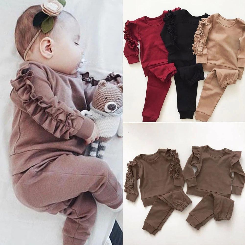 Baby Boys Girls Ruffles Jumper Solid Long Sleeve Sweatshirt Tops Pants - MAXIME