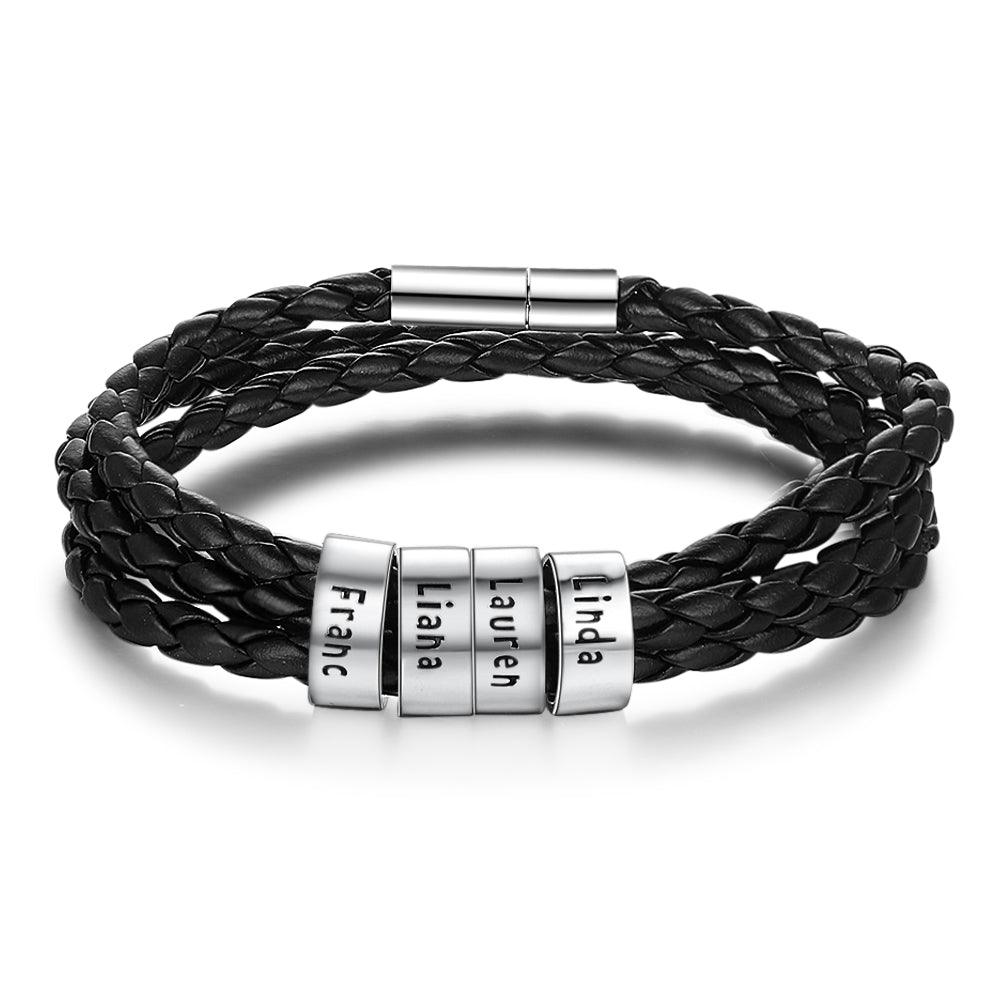 Personalized Mens Braided Genuine Leather Bracelet Stainless - MAXIME