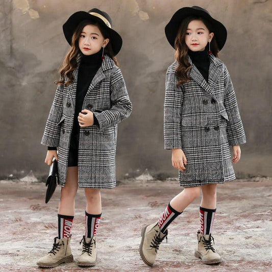 Gray plaid houndstooth coat for girls - MAXIME