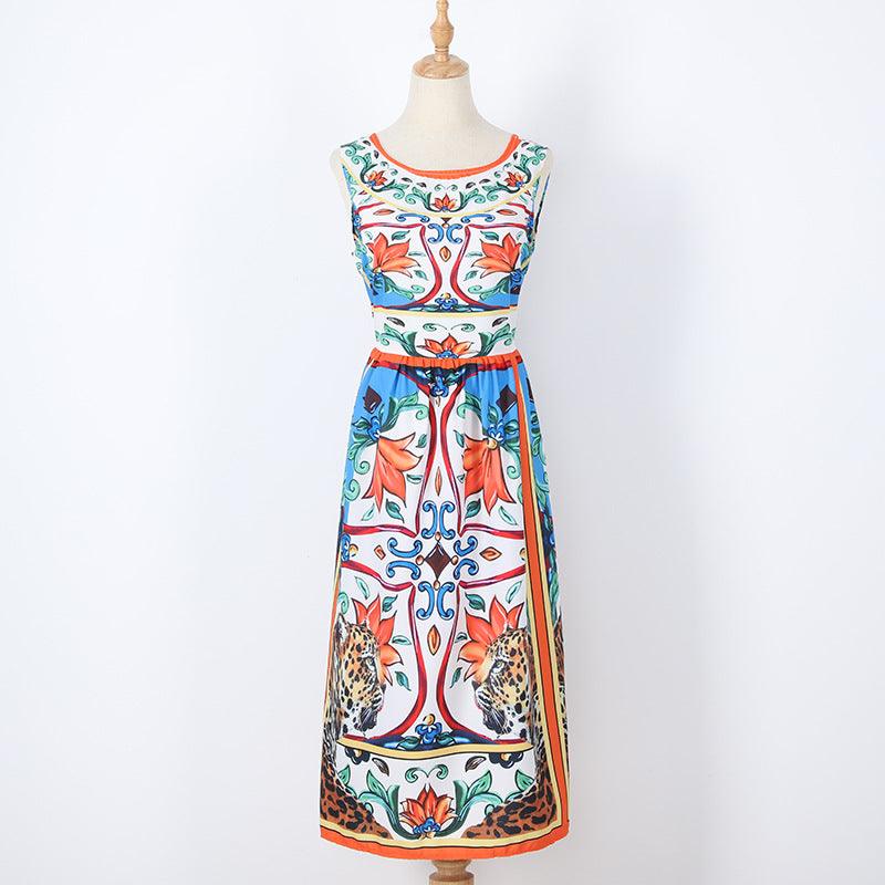 Sleeveless midi retro print dress - MAXIME