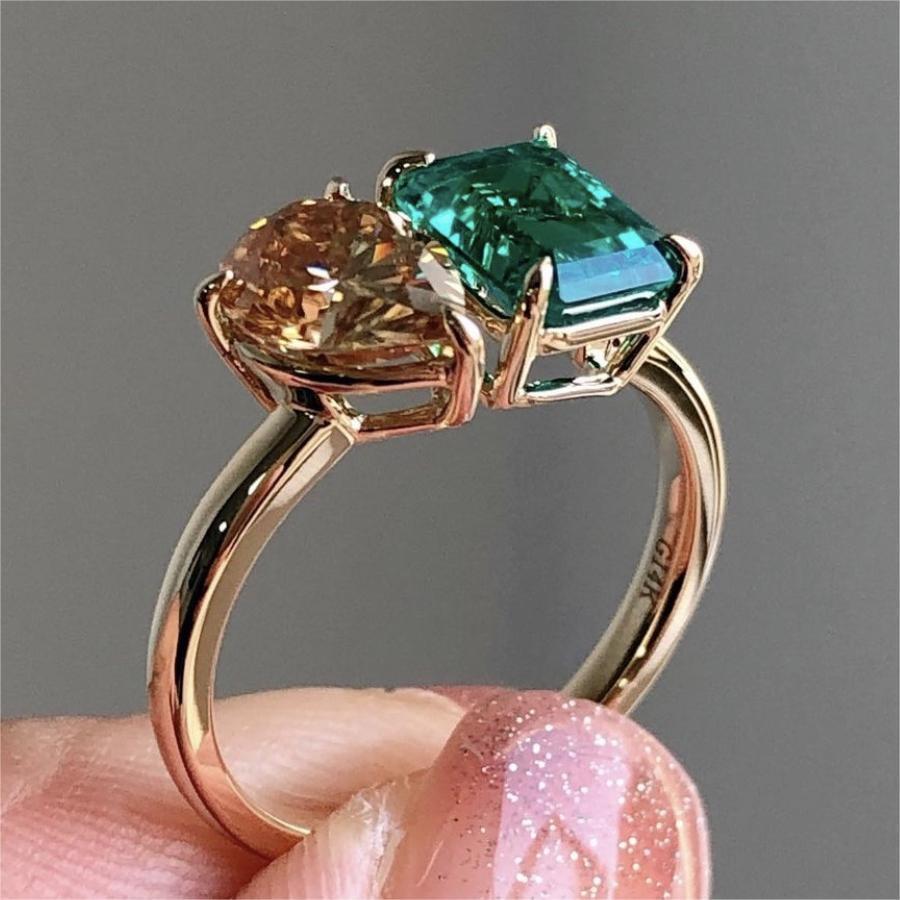 Double Main Stone Lady Green Yellow Zircon Square Stone Ring - MAXIME