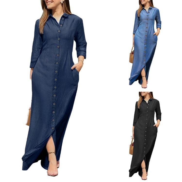 Shirt Collar Denim Button Maxi Dress - MAXIME