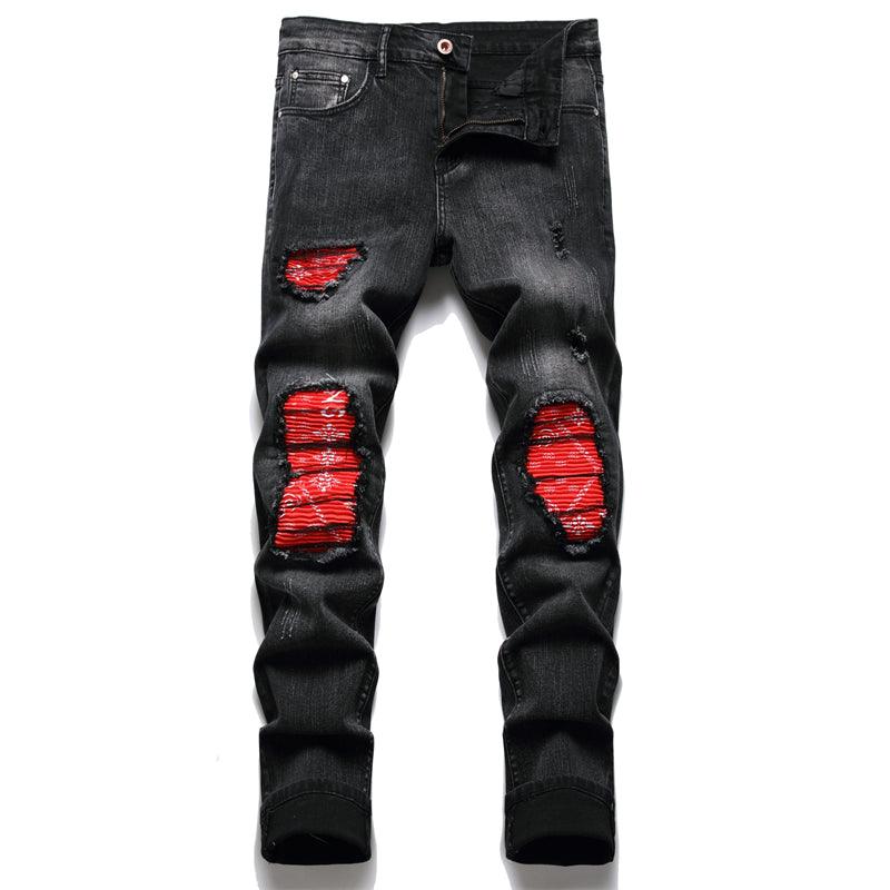 Men Biker Jeans Paisley Print Patch Casual Pants - MAXIME