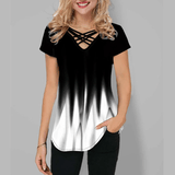 Womens Short Sleeve Blouse Printed Gradient V Neck Cross Strap - MAXIME