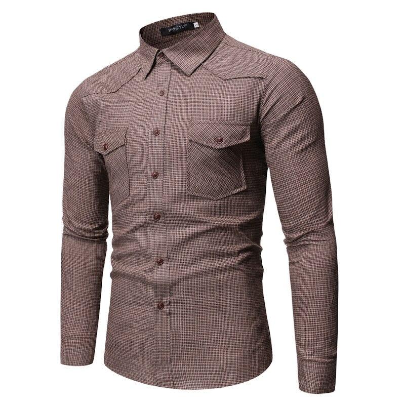 Casual Check Lapel Men's Double Pocket Slim Large Size Long Sleeve Shirt - MAXIME