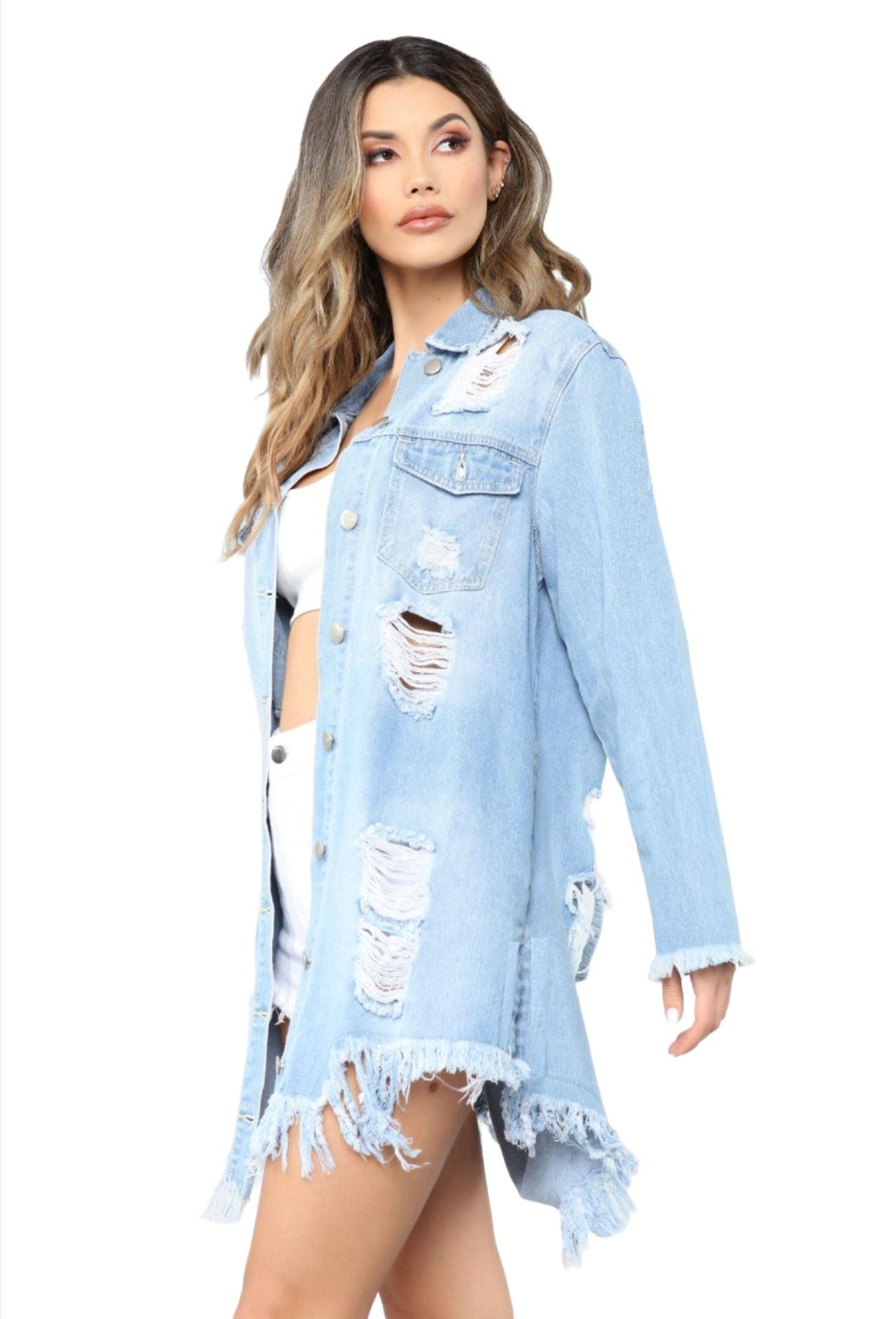 Ripped mid-length torn denim jacket - MAXIME