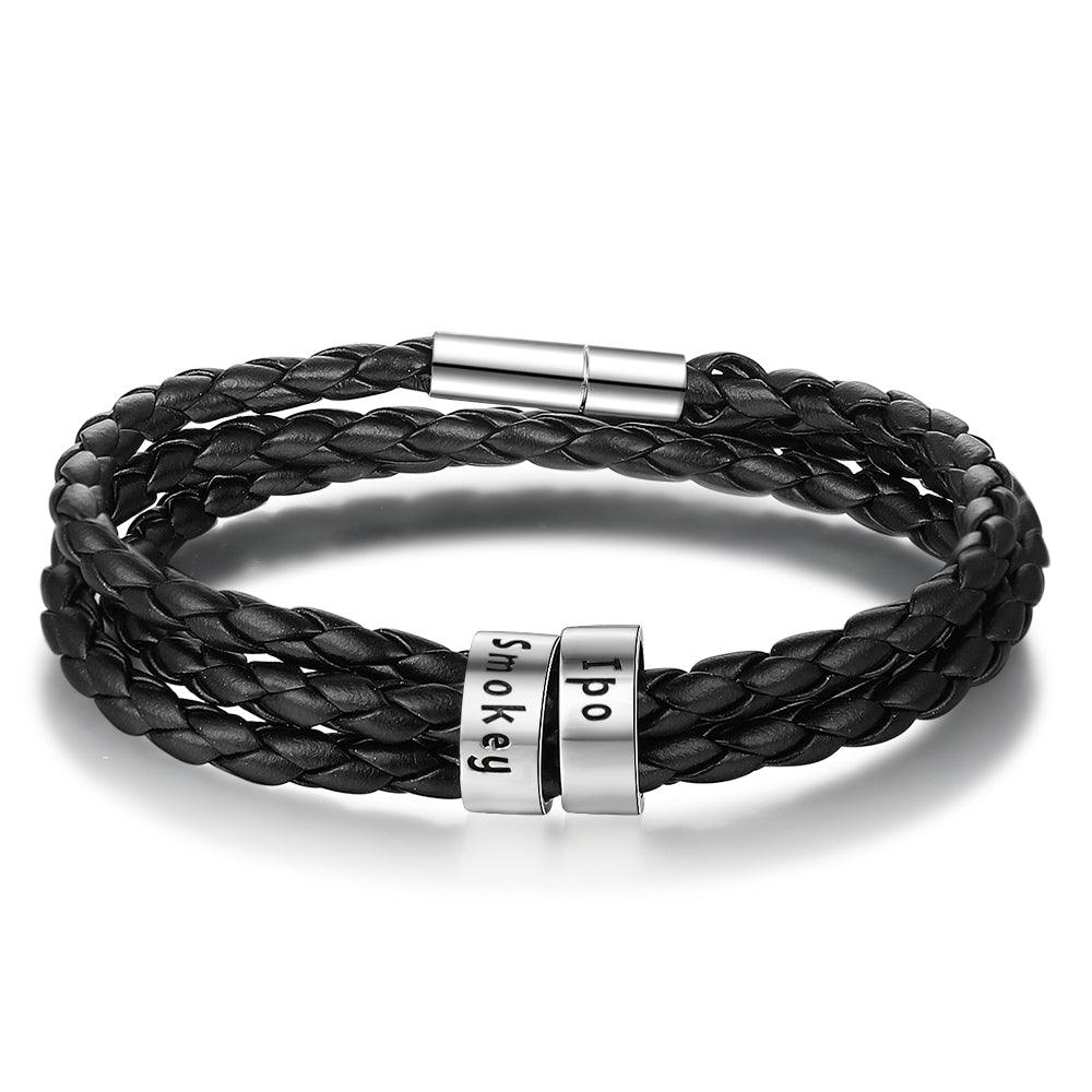 Personalized Mens Braided Genuine Leather Bracelet Stainless - MAXIME