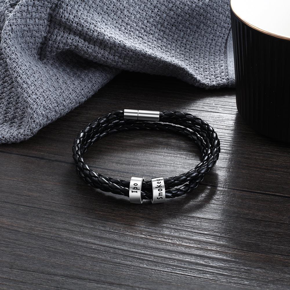 Personalized Mens Braided Genuine Leather Bracelet Stainless - MAXIME