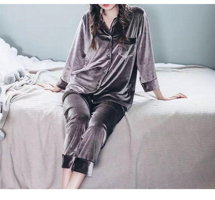 Couple Gold Velvet Long Sleeve Pajamas - MAXIME