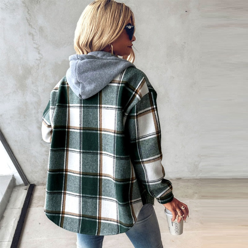 Maxime Wear Solid Color Plaid Hooded Jacket - MAXIME