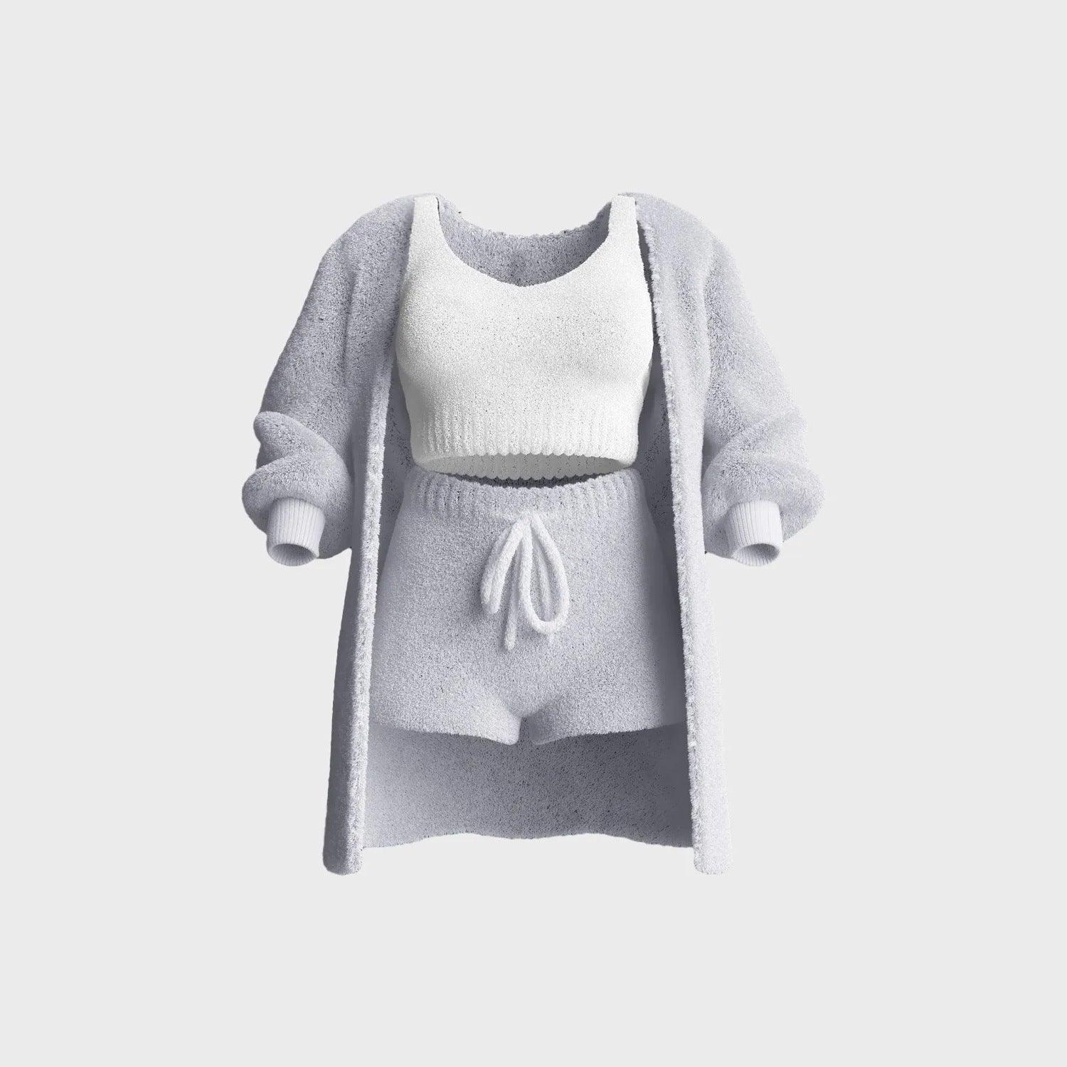 Maxime Three-piece Fluff Coat Spaghetti Strap Short Top Shorts Suit - MAXIME