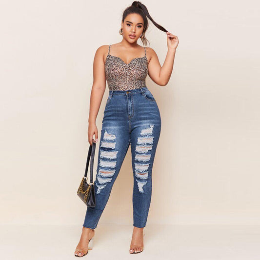 Washed Ripped Fat MM Slim Plus Size Pencil Pants - MAXIME