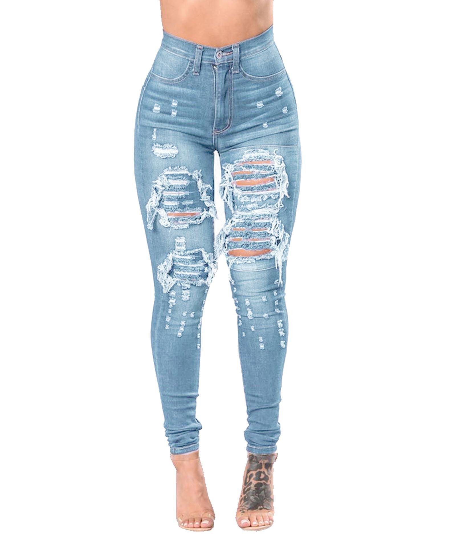 Women's Ripped Denim Washed Denim Pants - MAXIME